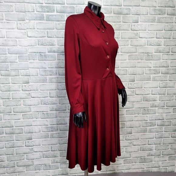 Vintage 70s Jan Sue Calif Womens M Burgundy Polyester L/S Disco Shirt Dress - Picture 5 of 8